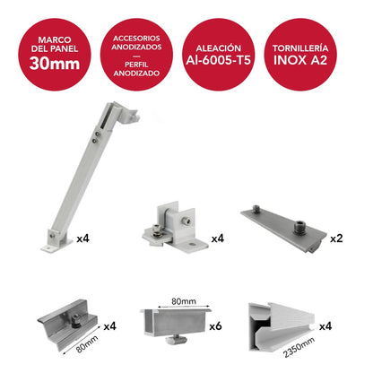 AIR04-TS-D2-AM30 [1x4] Adjustable anodized inclined frame with 20°/45° tilt for 4 vertical panels (maximum width 1150mm) | TS-D2 Series - TECHNO SUN