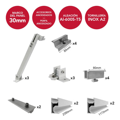 AIR03-TS-D2-AM30 [1x3] Estructura inclinada anodizada regulable 20º/45º para 3 paneles en vertical (ancho máximo 1150mm) | Serie TS-D2 - TECHNO SUN